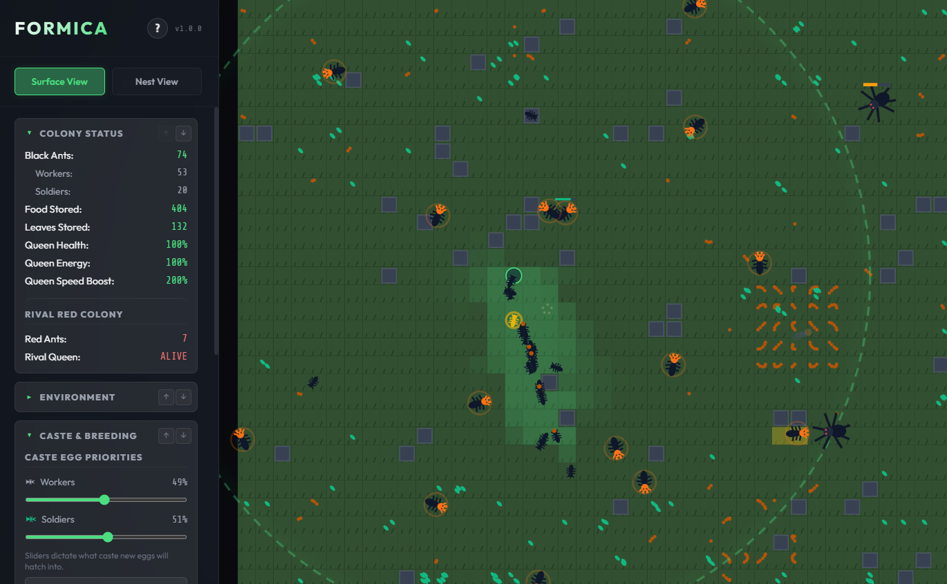 A screenshot of Formica showing the colony surface, ants, and colony status panel.